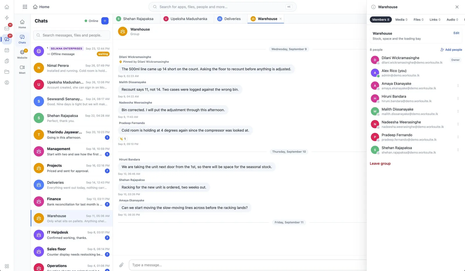 TeamChat showing a group conversation with members and shared files