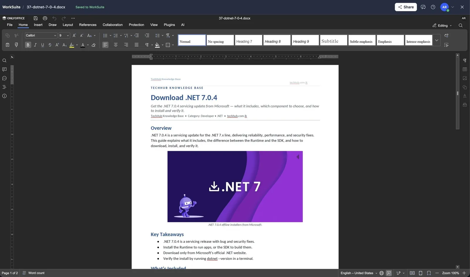 A Word document open for editing inside WorkSuite
