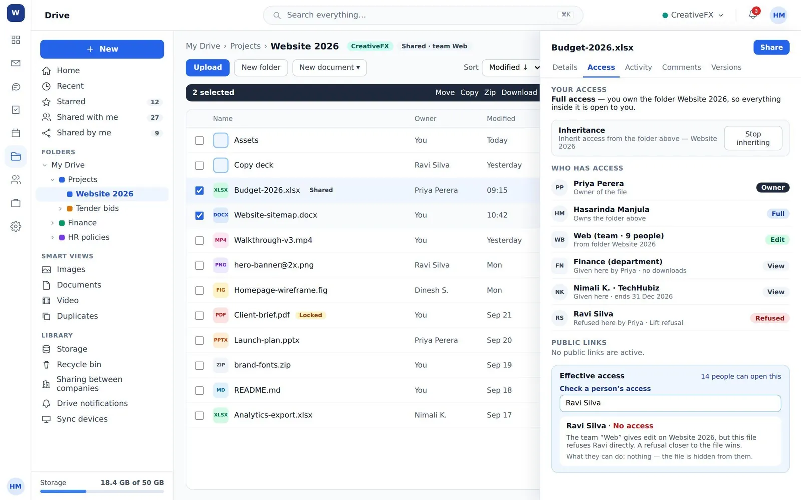 The access tab showing every principal, where their access comes from, and an effective-access check