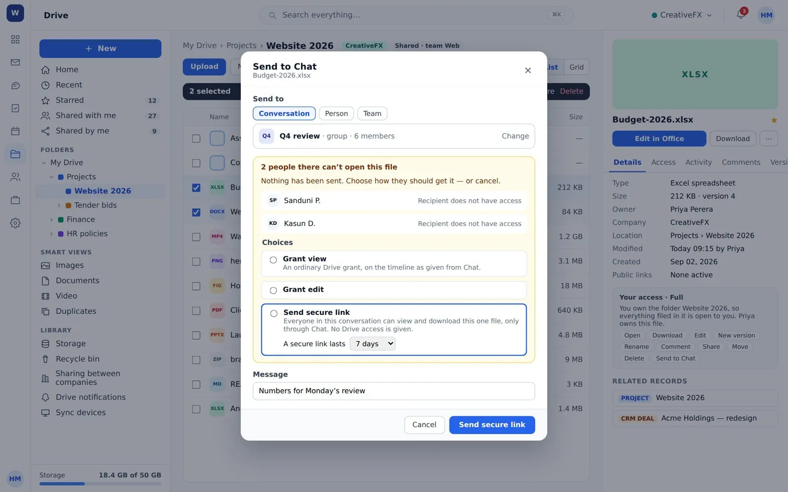 The send-to-chat dialog asking what to do about two members who cannot open the file