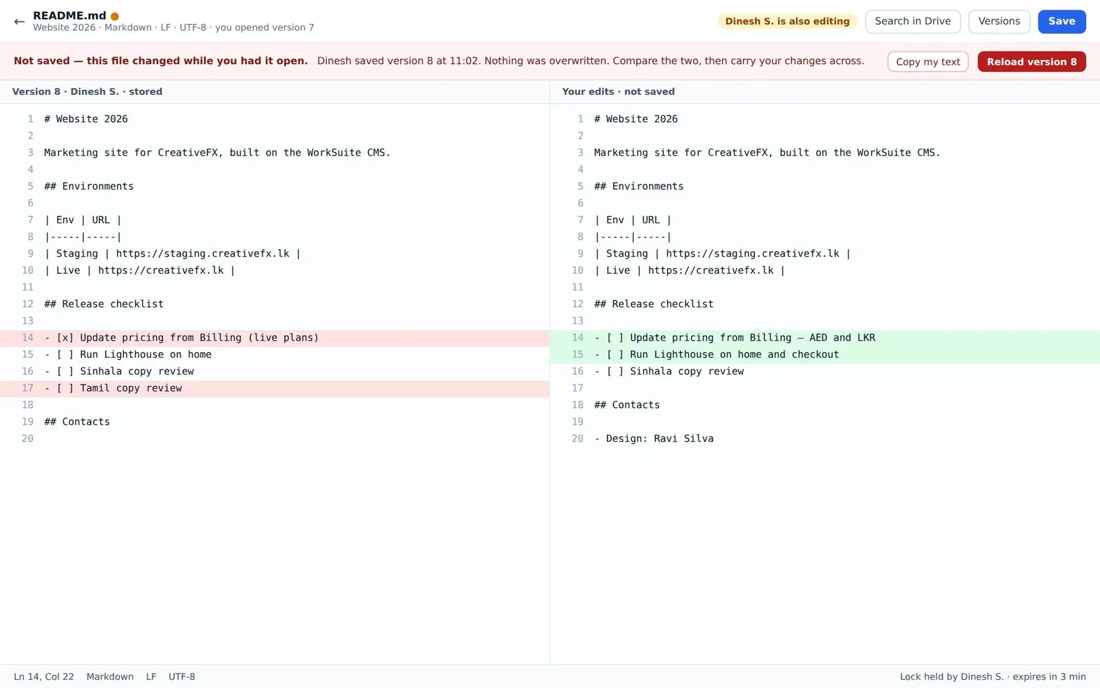 The code editor showing a save conflict with a side-by-side diff