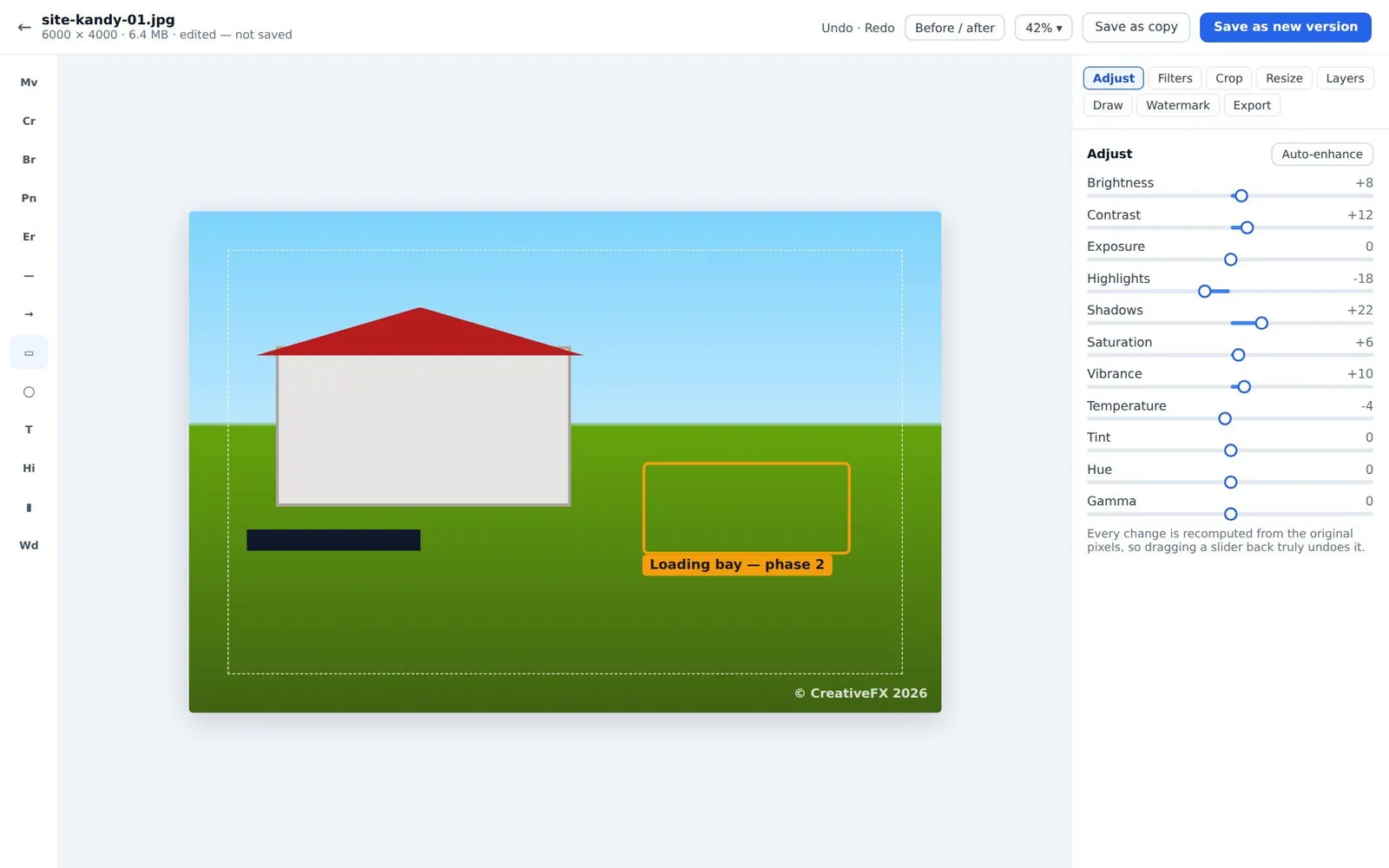 The browser image editor with the adjust panel open