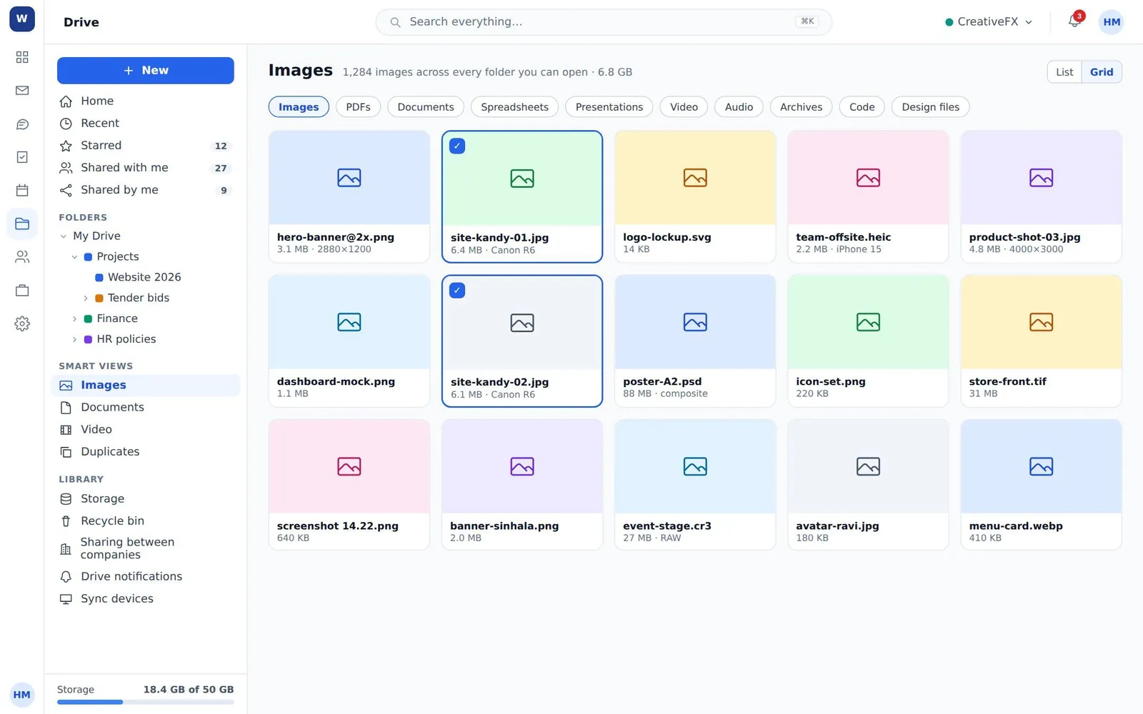 The Images smart view as a thumbnail grid across every folder