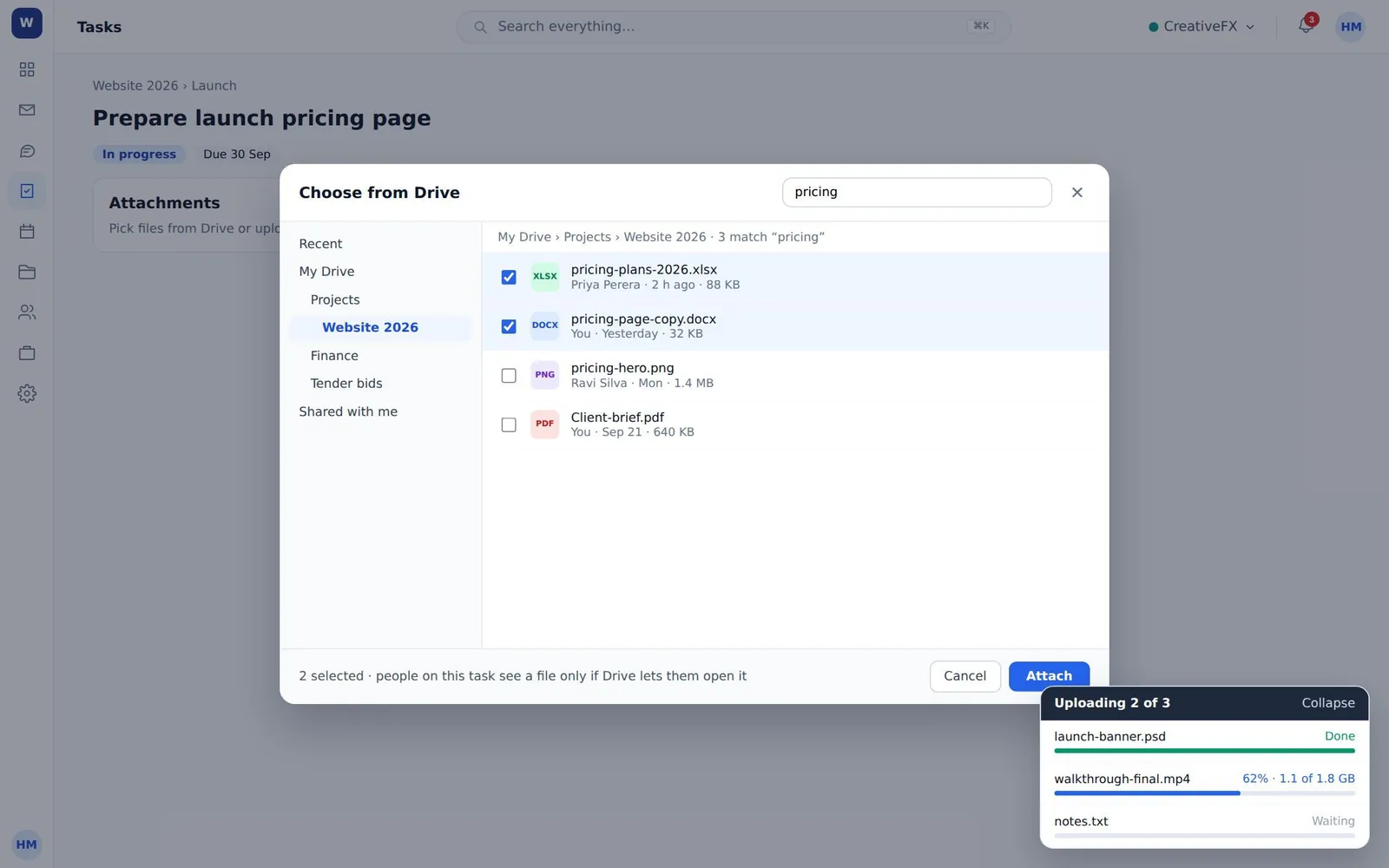 The Drive picker open inside Tasks, with the upload tray running