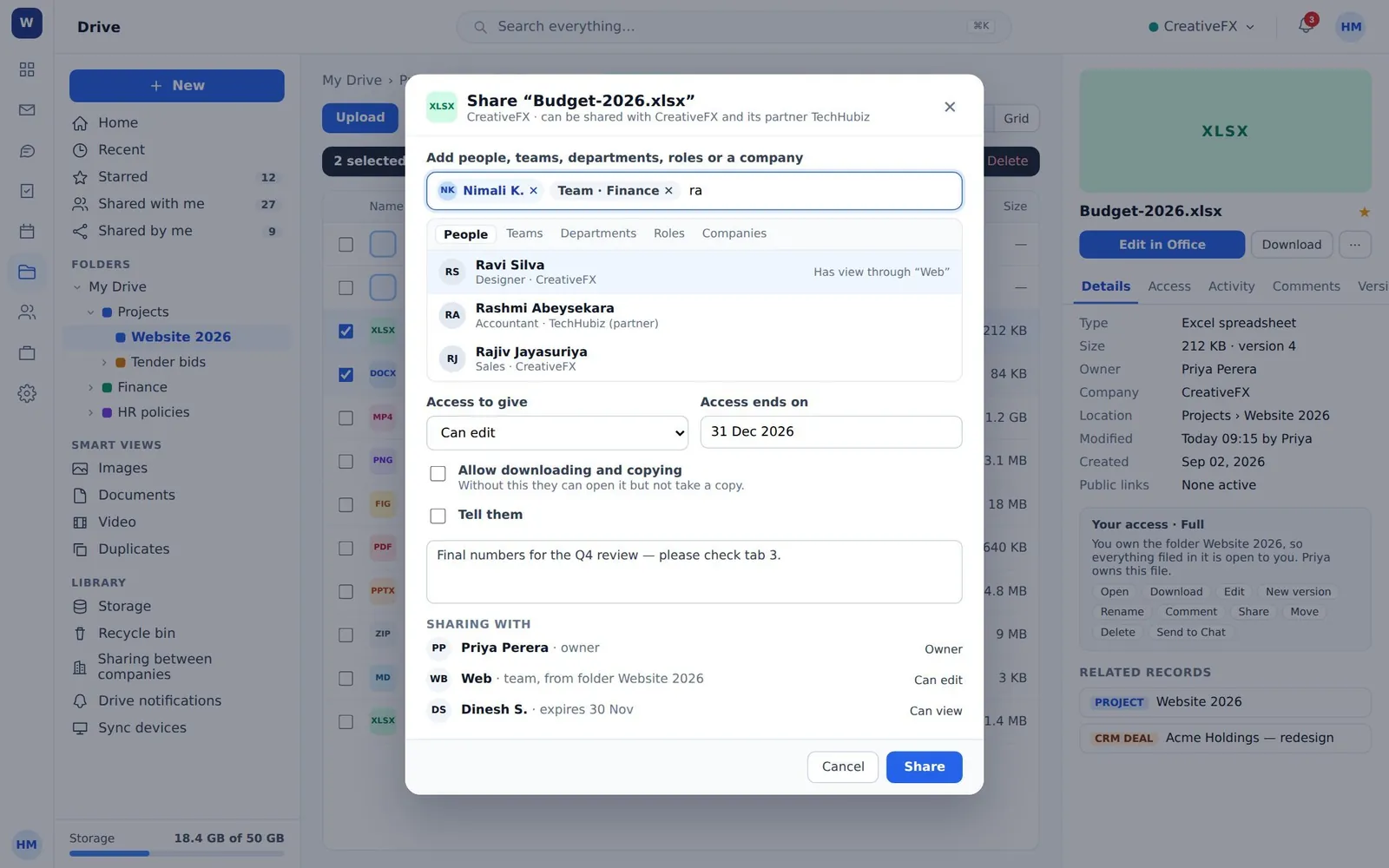 The share dialog with a multi-recipient search and access options