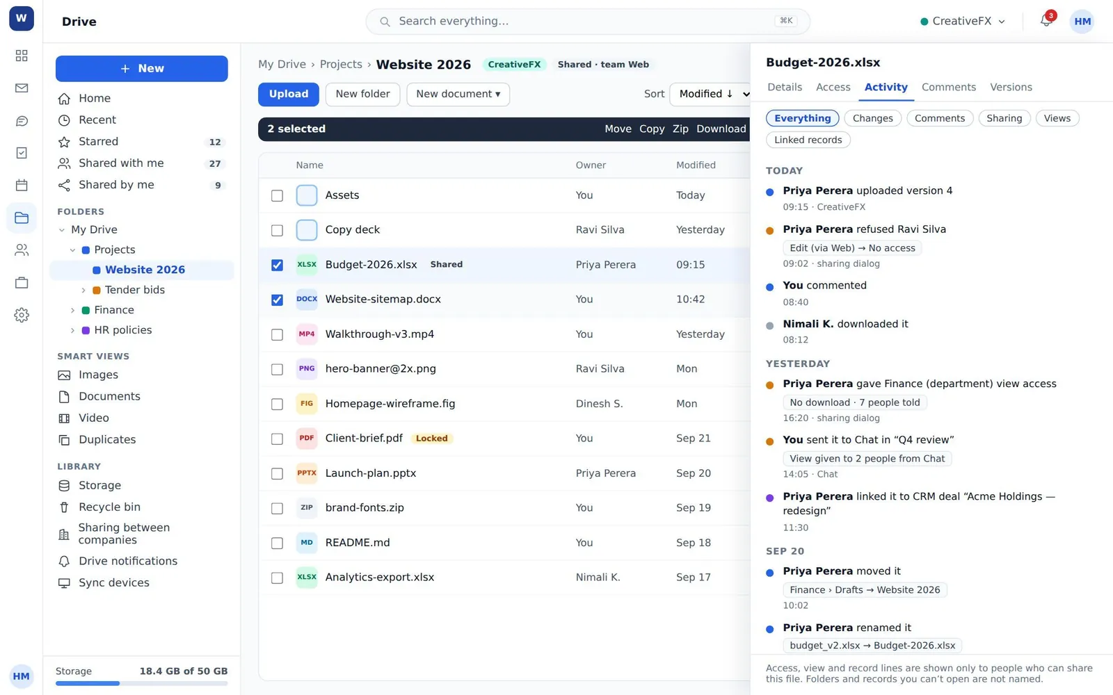 The activity timeline filtered by changes, comments, sharing, views and linked records