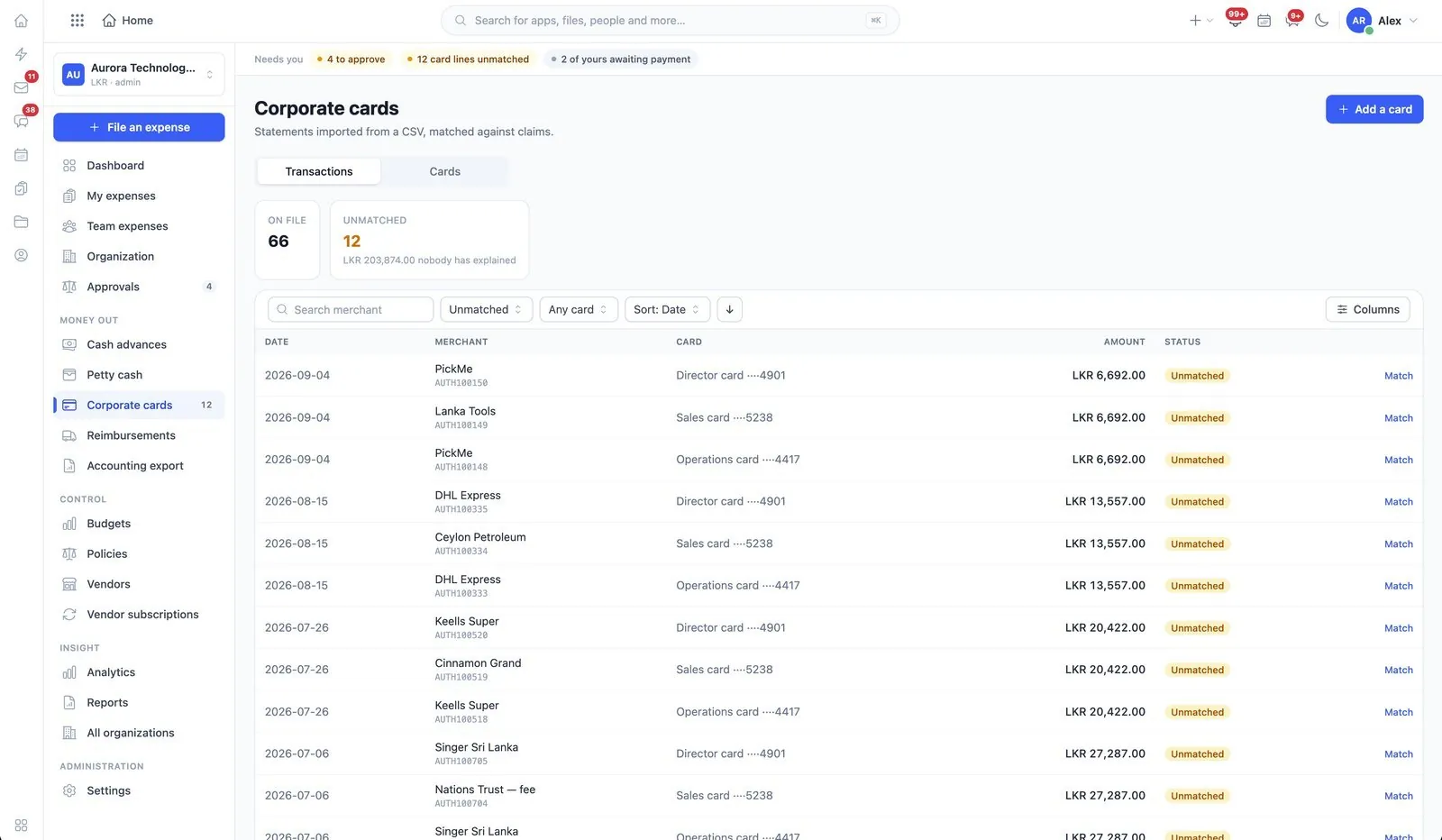 Corporate card transactions imported from a statement and matched against claims