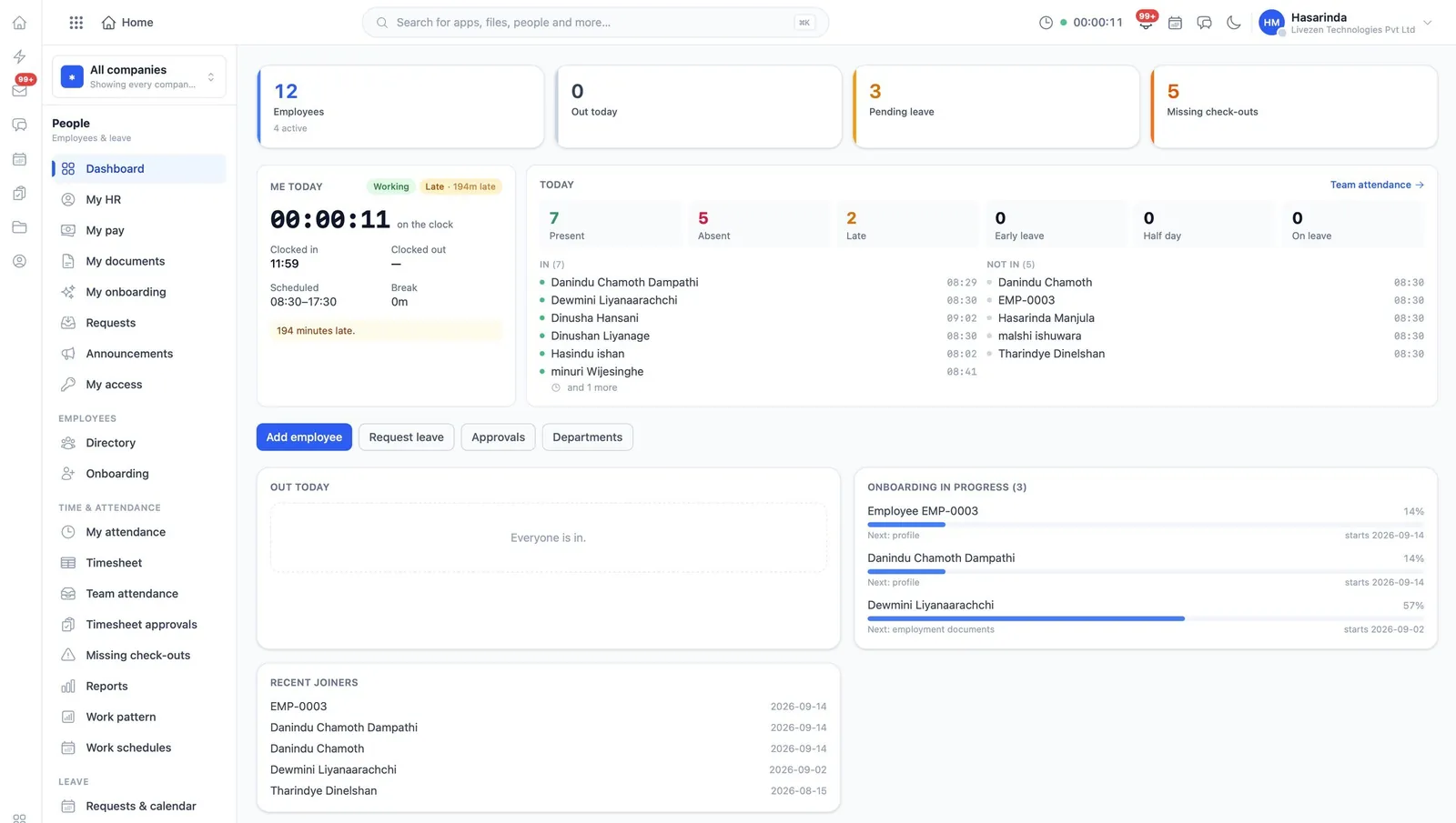 The WorkSuite HR dashboard showing attendance, leave and onboarding in progress