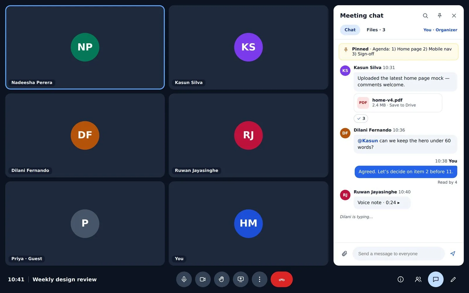 The call grid with the meeting chat panel open beside it