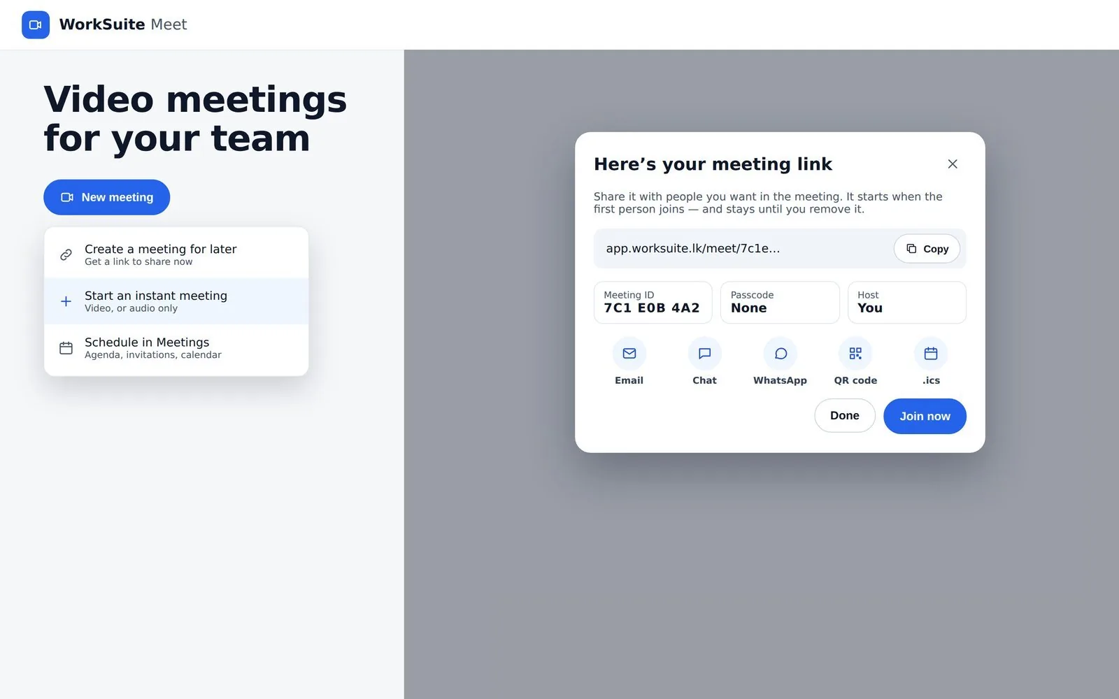 The new-meeting dialog with the link, meeting ID, passcode and sharing options