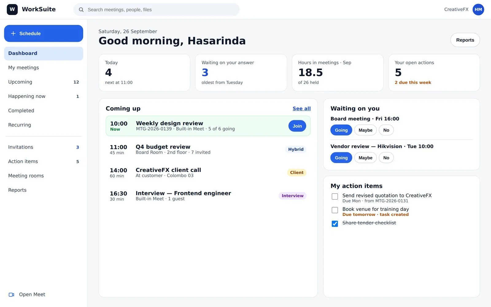 The meetings dashboard listing meetings with their status