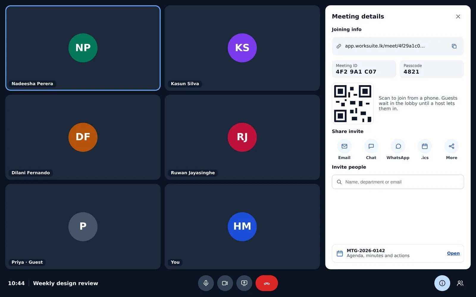 The meeting details panel with the link, ID, passcode and sharing options