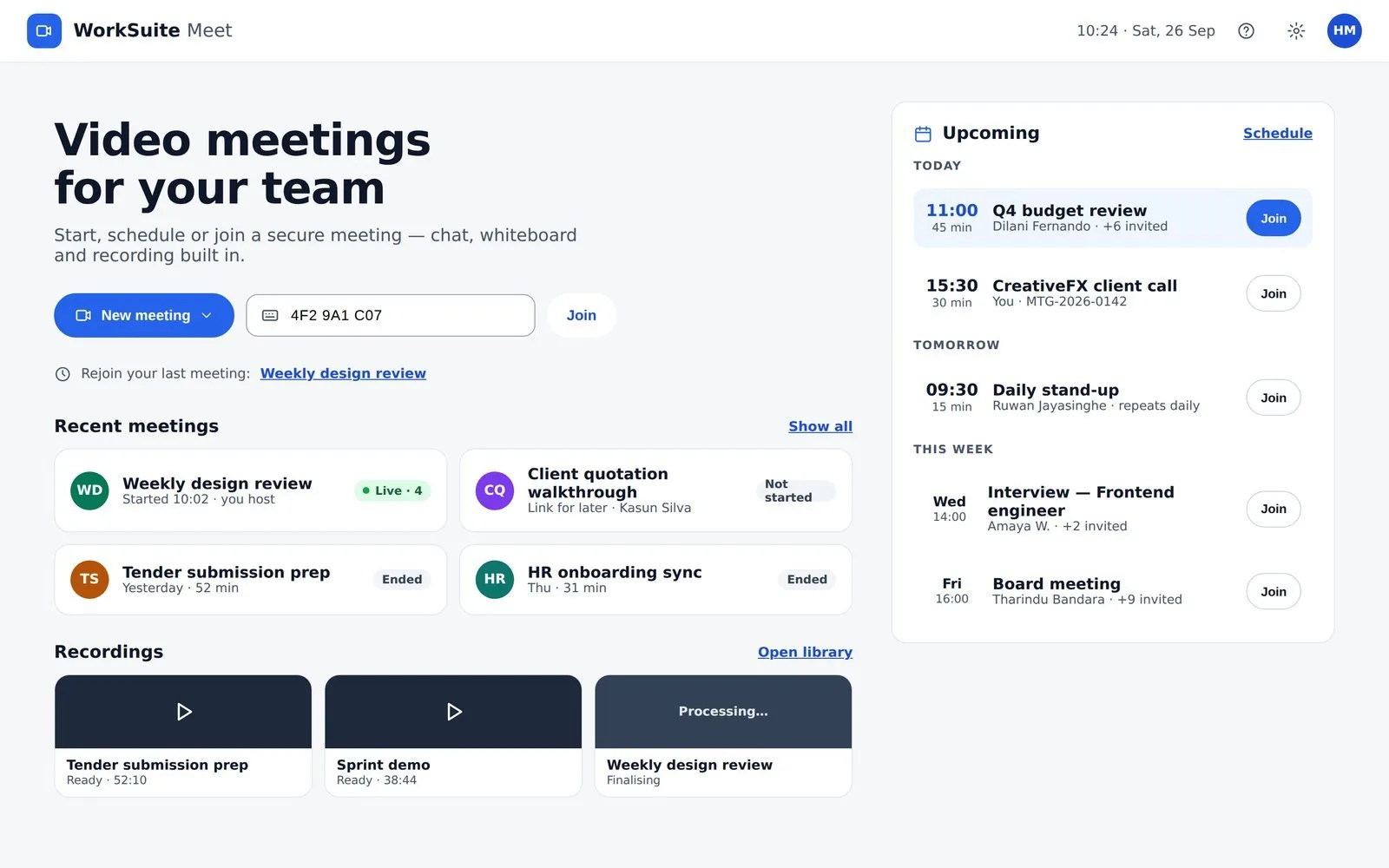 The Meet home screen with upcoming meetings, recent meetings and recordings