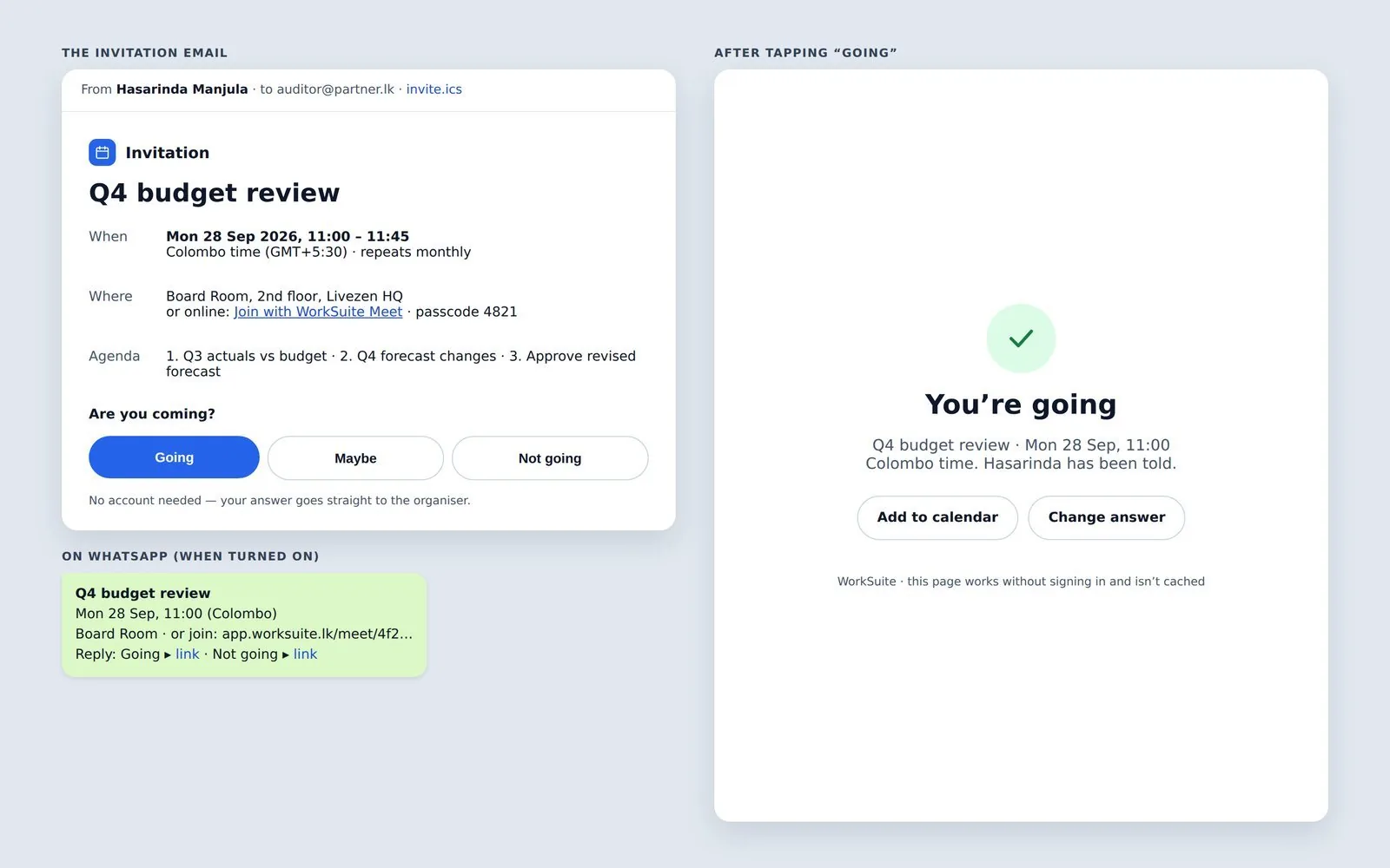 The invitation email and the RSVP page it links to