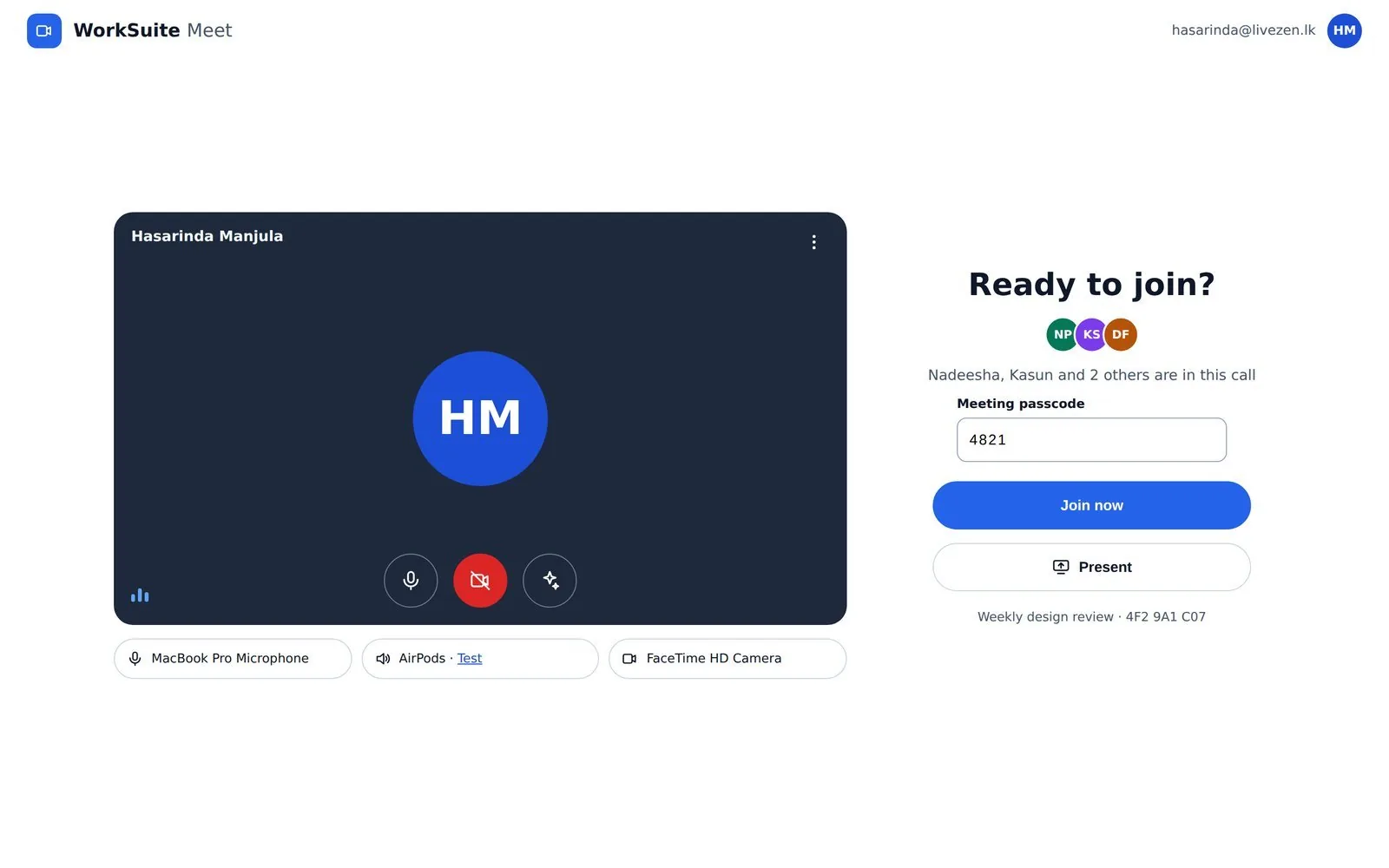 The pre-join screen with a camera preview and device pickers